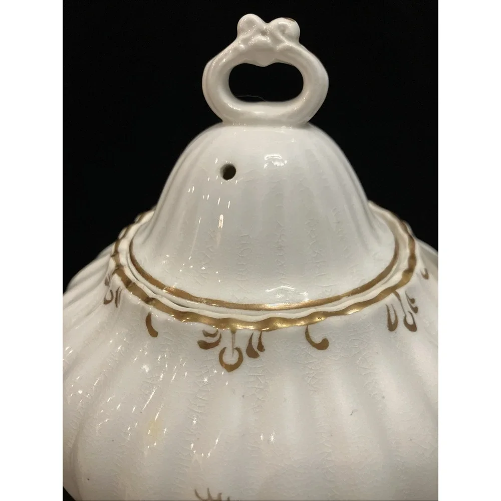 Antique Staffordshire England 6 Footed Porcelain & Stoneware Teapot White Gold